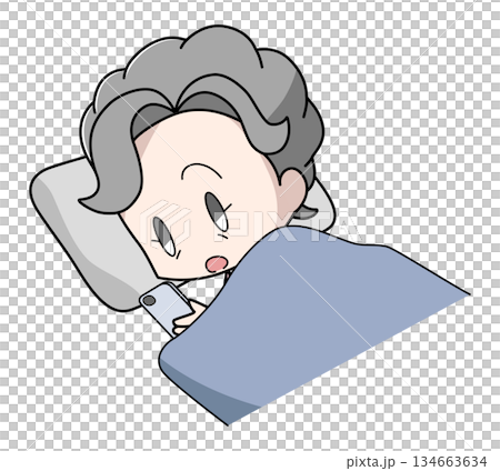 Illustration of an elderly woman operating a smartphone while sleeping Illustration of an elderly woman operating a smartphone while sleeping 134663634