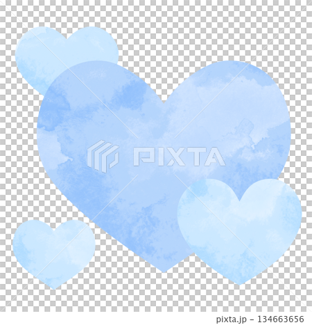 一幅簡單的手繪水彩插圖，圖案是大小不一的重疊愛心。淺藍色。 134663656