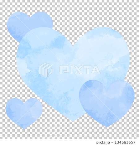 一幅簡單的手繪水彩插圖，圖案是大小不一的重疊愛心。淺藍色。 134663657