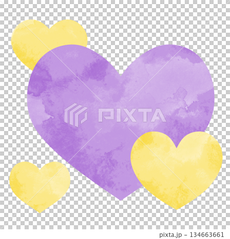 一幅簡單的手繪水彩插圖,描繪了大小不一、相互重疊的心形。顏色為黃色和紫色。 一幅簡單的手繪水彩插圖,描繪了大小不一、相互重疊的心形。顏色為黃色和紫色。 134663661