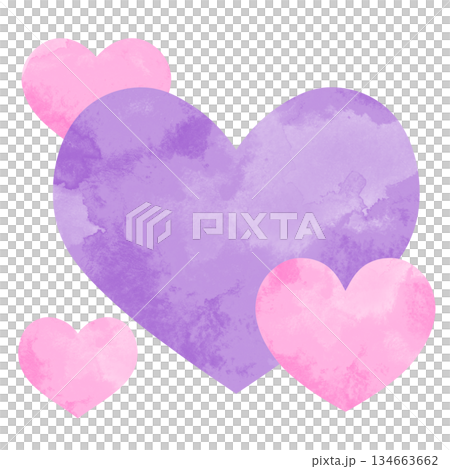 簡單的手繪水彩插圖，粉紅色和紫色的大愛心和小愛心重疊在一起。 134663662
