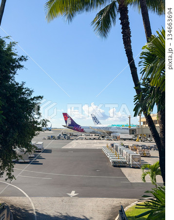 ハワイ ダニエルKイノウエ国際空港 駐機中の飛行機 空港風景 余白 ハワイ ダニエルKイノウエ国際空港 駐機中の飛行機 空港風景 余白 134663694