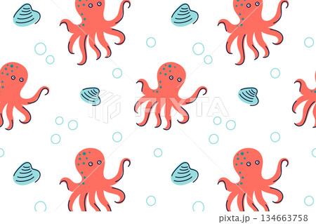Flat cartoon vector illustration of funny octopus pattern with shells and bubbles, bright kids doodle style, playful underwater theme, cheerful mood, seamless design for children prints, nursery decor 134663758