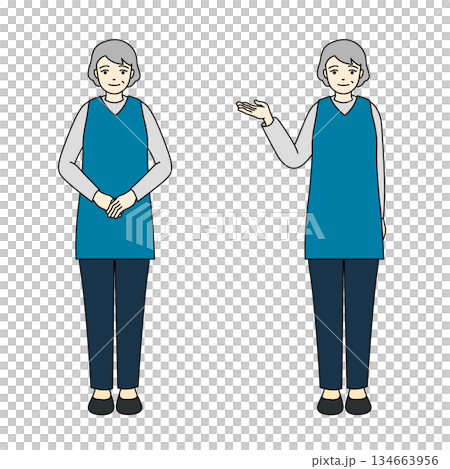 身穿圍裙、擺出導遊姿勢的老婦人全身像。 134663956