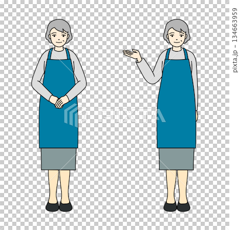 一位身穿藍色圍裙、微笑著伸出手的老婦人的全身插畫。 134663959