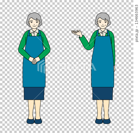 Full-body illustration of a senior woman wearing green clothes and a blue apron guiding Full-body illustration of a senior woman wearing green clothes and a blue apron guiding 134663963