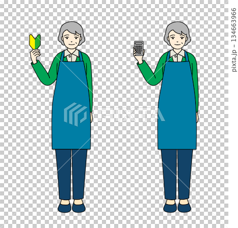 A full-body illustration of a senior woman with a beginner's mark and a senior woman in a blue apron holding a calculator 134663966