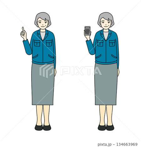 作業着姿で指差しするシニア女性と電卓を持つシニア女性の全身イラスト 134663969