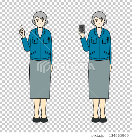 作業着姿で指差しするシニア女性と電卓を持つシニア女性の全身イラスト 134663969