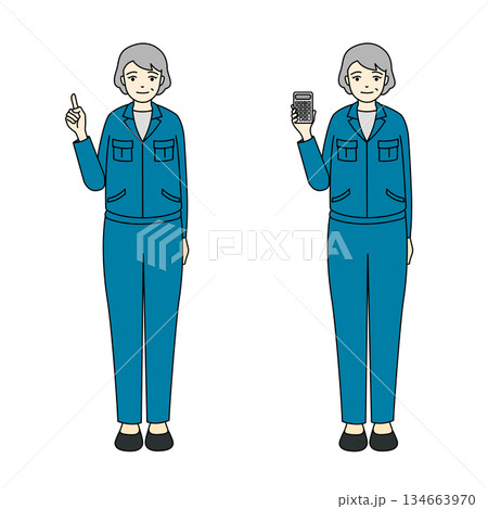 青い作業着姿で指差しするシニア女性と電卓を持つシニア女性の全身イラスト 青い作業着姿で指差しするシニア女性と電卓を持つシニア女性の全身イラスト 134663970