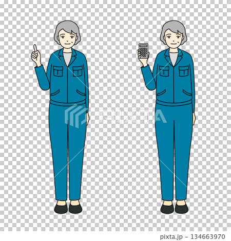 一位身穿藍色工作服的老婦人指著前方，另一位老婦人拿著計算器，這是一張全身插圖。 134663970