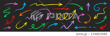 Arrow crayon pastel pencil chalk color line stroke. Sketch chalk pastel color pencil texture line kid fun arrow icon. Hand drawn grunge crayon pencil brush direction elements. Vector 134663980