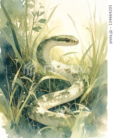 ルノルマン「蛇」草むらに潜む野生の蛇を描いたリアル寄り水彩画イラスト1／チラシやポスター用素材 134664205