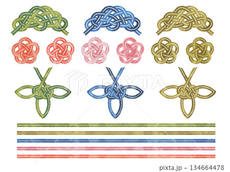 おめでたい水引の松竹梅 松結び・竹結び・梅結び 手描き水彩風ベクターイラスト おめでたい水引の松竹梅 松結び・竹結び・梅結び 手描き水彩風ベクターイラスト 134664478