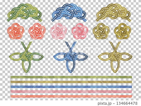 おめでたい水引の松竹梅 松結び・竹結び・梅結び 手描き水彩風ベクターイラスト おめでたい水引の松竹梅 松結び・竹結び・梅結び 手描き水彩風ベクターイラスト 134664478