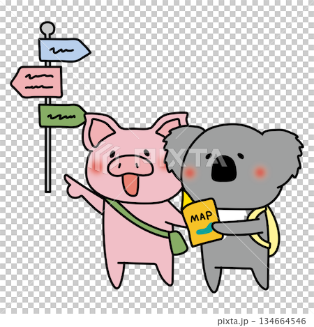 A pig and a koala sightseeing while looking at a map A pig and a koala sightseeing while looking at a map 134664546