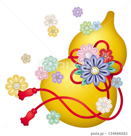 つまみ細工の飾りがついた金色の瓢箪 134666082