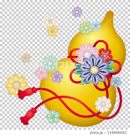 つまみ細工の飾りがついた金色の瓢箪 134666082