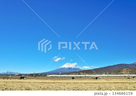 静岡県　青空の富士山と新幹線 134666159
