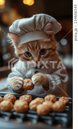 Chef kitty baking sweet treats in cozy kitchen atmosphere. Generative AI 134666543