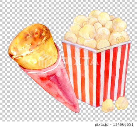水彩插畫：休閒美食可麗餅與爆米花 134666651
