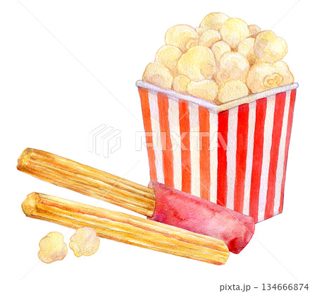 水彩イラスト 映画館グルメ ポップコーンとチュロス 水彩イラスト 映画館グルメ ポップコーンとチュロス 134666874