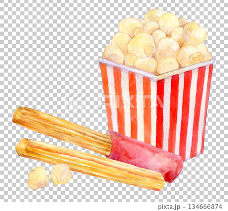 水彩イラスト 映画館グルメ ポップコーンとチュロス 水彩イラスト 映画館グルメ ポップコーンとチュロス 134666874