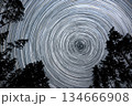 Night sky showcasing star trails over a forest clearing in bright starry sky 134666908