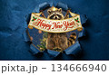 raccoon stands with a banner reading Happy New Year , blue background with a torn sheet of paper and a Christmas tree behind the raccoon 134666940