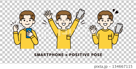 一位年輕男子手持智慧型手機的上半身向量插圖_積極姿勢集_彩色 134667115