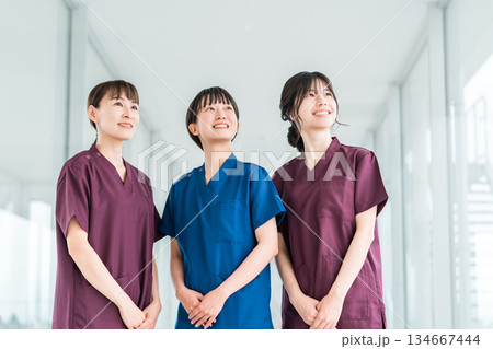 スクラブを着た医者・医師・看護師・医療従事者・ドクター・作業療法士・理学療法士の女性スタッフ スクラブを着た医者・医師・看護師・医療従事者・ドクター・作業療法士・理学療法士の女性スタッフ 134667444