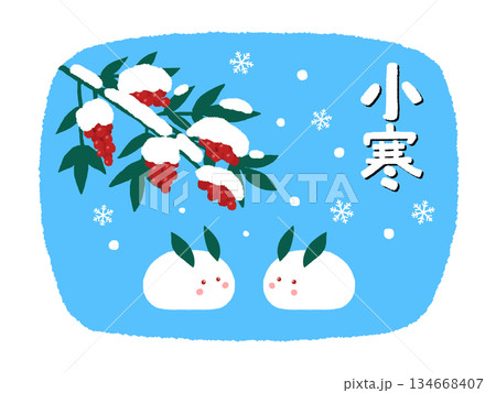 二十四節気　小寒をイメージした雪うさぎと南天のイラスト 134668407