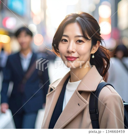 街の光に包まれながら穏やかに微笑む姿が都会の温かさと落ち着いた雰囲気を感じさせる場面 134668459