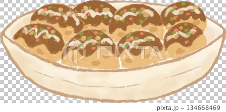 Illustration of delicious-looking takoyaki with sauce 134668469