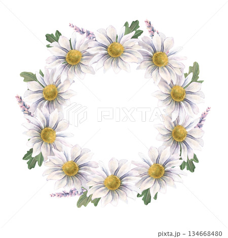 Wreath, white chrysanthemums, lavender sprigs, leaves, Hand-painted watercolor illustration isolated on white for wedding invitations, printing, textile, branding, packaging, cards, design projects Wreath, white chrysanthemums, lavender sprigs, leaves, Hand-painted watercolor illustration isolated on white for wedding invitations, printing, textile, branding, packaging, cards, design projects 134668480