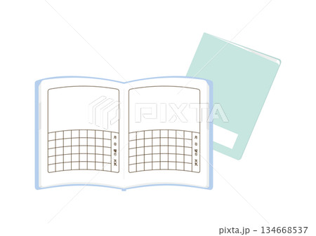 シンプルな白紙の絵日記、開いたところ、閉じたところ 134668537