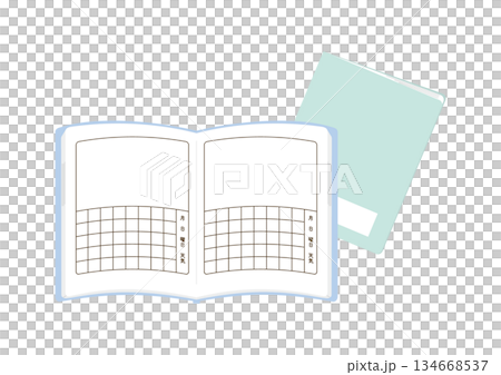 シンプルな白紙の絵日記、開いたところ、閉じたところ 134668537