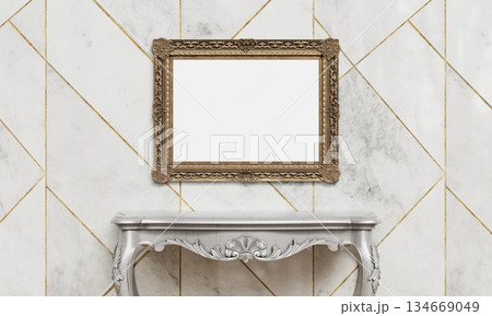 Antique Picture Frame Mock up and Silver Table. 3D Rendering. 134669049