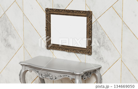 Antique Picture Frame Mock up and Silver Table. 3D Rendering. 134669050