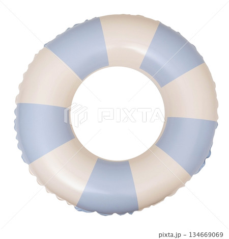 Inflatable blue and white pool ring with striped design on white background 134669069