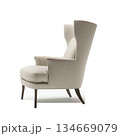 Elegant cream wingback chair with tall backrest and curved armrests in minimalist fabric design 134669079