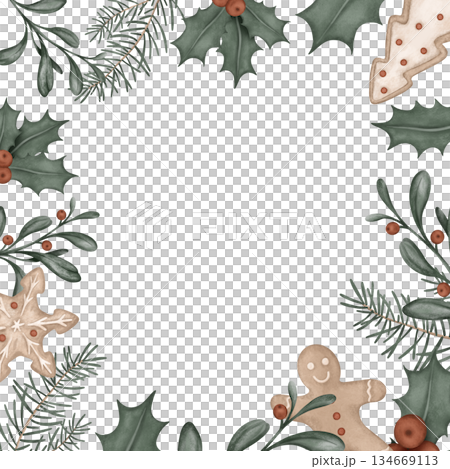Square frame watercolor illustration with pine branches, for tree, bow. Postcard for holly and red berries and sweet cookie gingerbread. Hand drawn new year illustration . Square frame watercolor illustration with pine branches, for tree, bow. Postcard for holly and red berries and sweet cookie gingerbread. Hand drawn new year illustration . 134669113