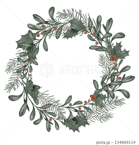 Watercolor Christmas or new year wreath with fir branches and place for text. Illustration for greeting cards with and invitations isolated on white background. Tree branches and red berry of ilex. Watercolor Christmas or new year wreath with fir branches and place for text. Illustration for greeting cards with and invitations isolated on white background. Tree branches and red berry of ilex. 134669114