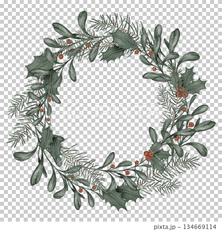 Watercolor Christmas or new year wreath with fir branches and place for text. Illustration for greeting cards with and invitations isolated on white background. Tree branches and red berry of ilex. Watercolor Christmas or new year wreath with fir branches and place for text. Illustration for greeting cards with and invitations isolated on white background. Tree branches and red berry of ilex. 134669114