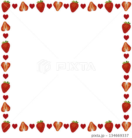 【イチゴとハートのフレーム】手刺繍イラスト素材 134669337