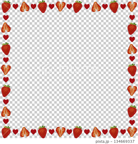【イチゴとハートのフレーム】手刺繍イラスト素材 134669337