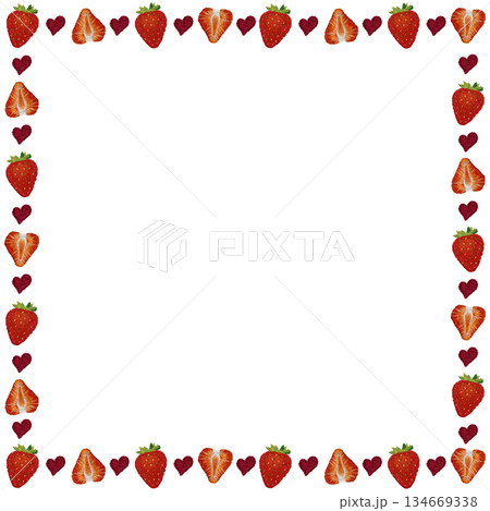 【イチゴとハートのフレーム】手刺繍イラスト素材 134669338