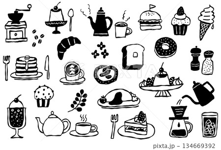 手書き風のカフェメニューとスイーツのモノクロイラストセット 134669392
