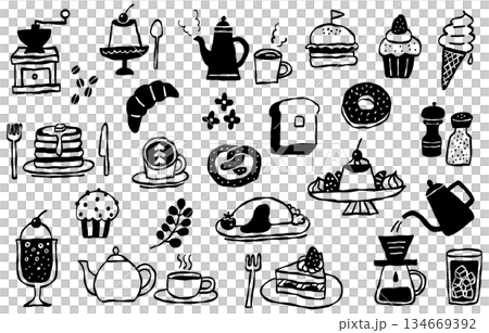 手書き風のカフェメニューとスイーツのモノクロイラストセット 134669392