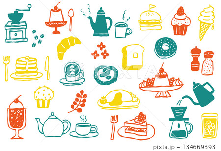 手描き風のカフェメニューとスイーツのカラフルなイラストセット 手描き風のカフェメニューとスイーツのカラフルなイラストセット 134669393